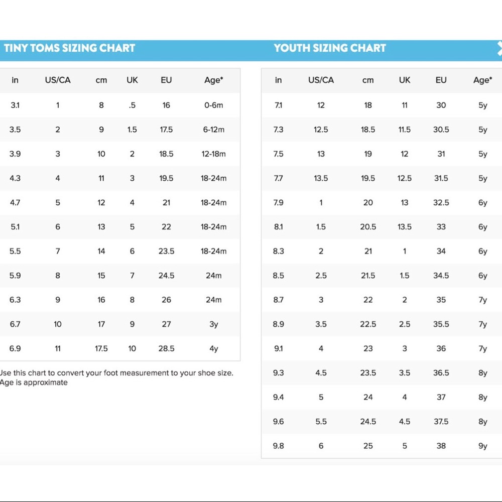 Toms Shoes Tiny And Youth Sizing Guide